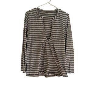 Ann Taylor LOFT gray and white striped v-neck women's blouse cotton casual